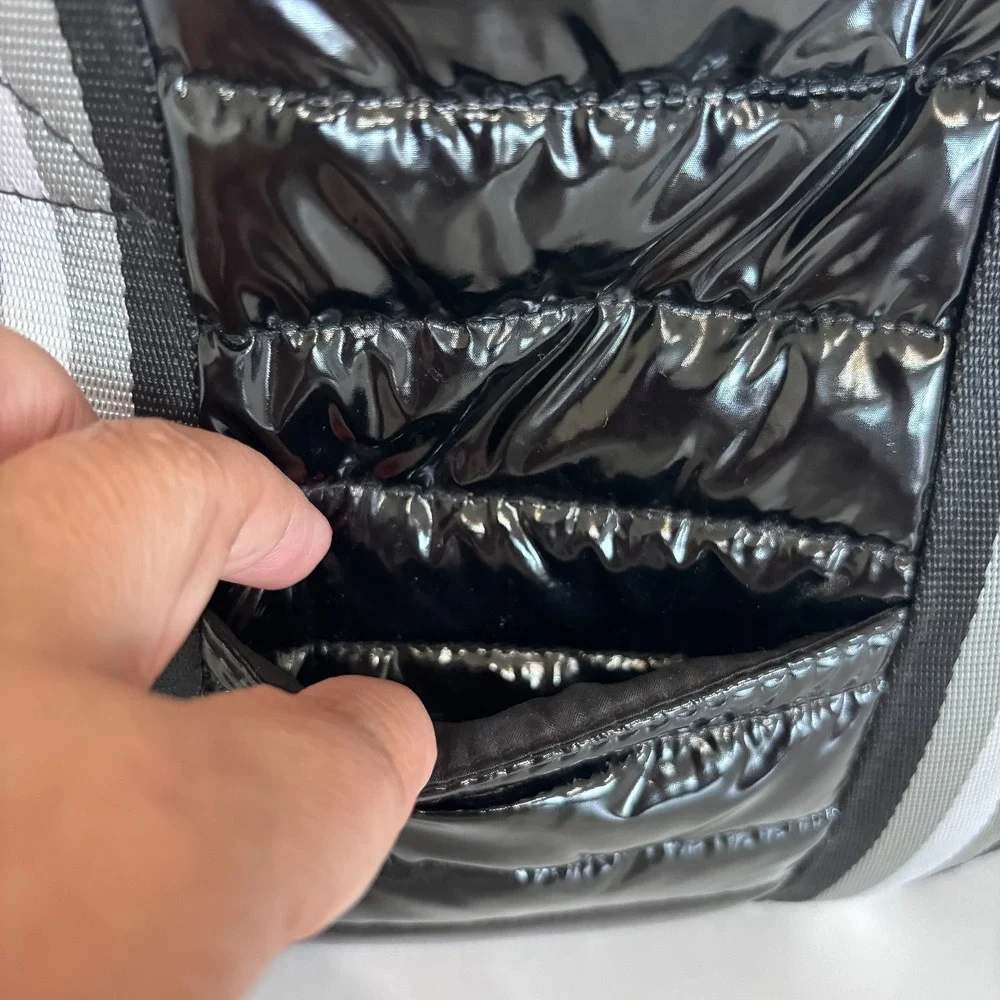 Think Royln Womens Wingman Puffer Tote Bag Black Quilted Patent Leather Travel